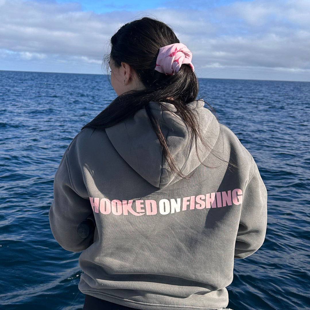 Fleece Hoodie - Hooked on Fishing Pink logo hoodie in grey