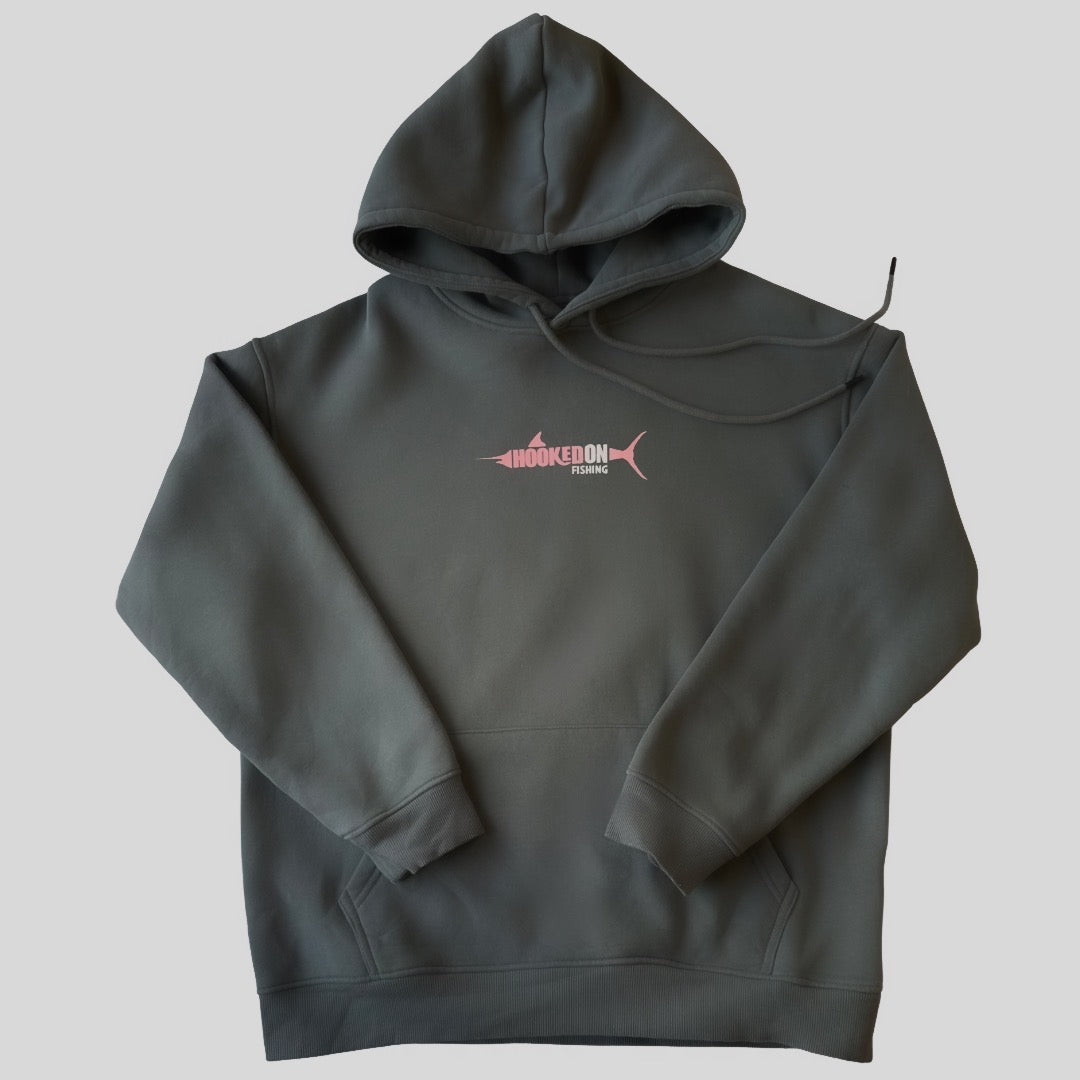 Fleece Hoodie - Hooked on Fishing Pink logo hoodie in grey
